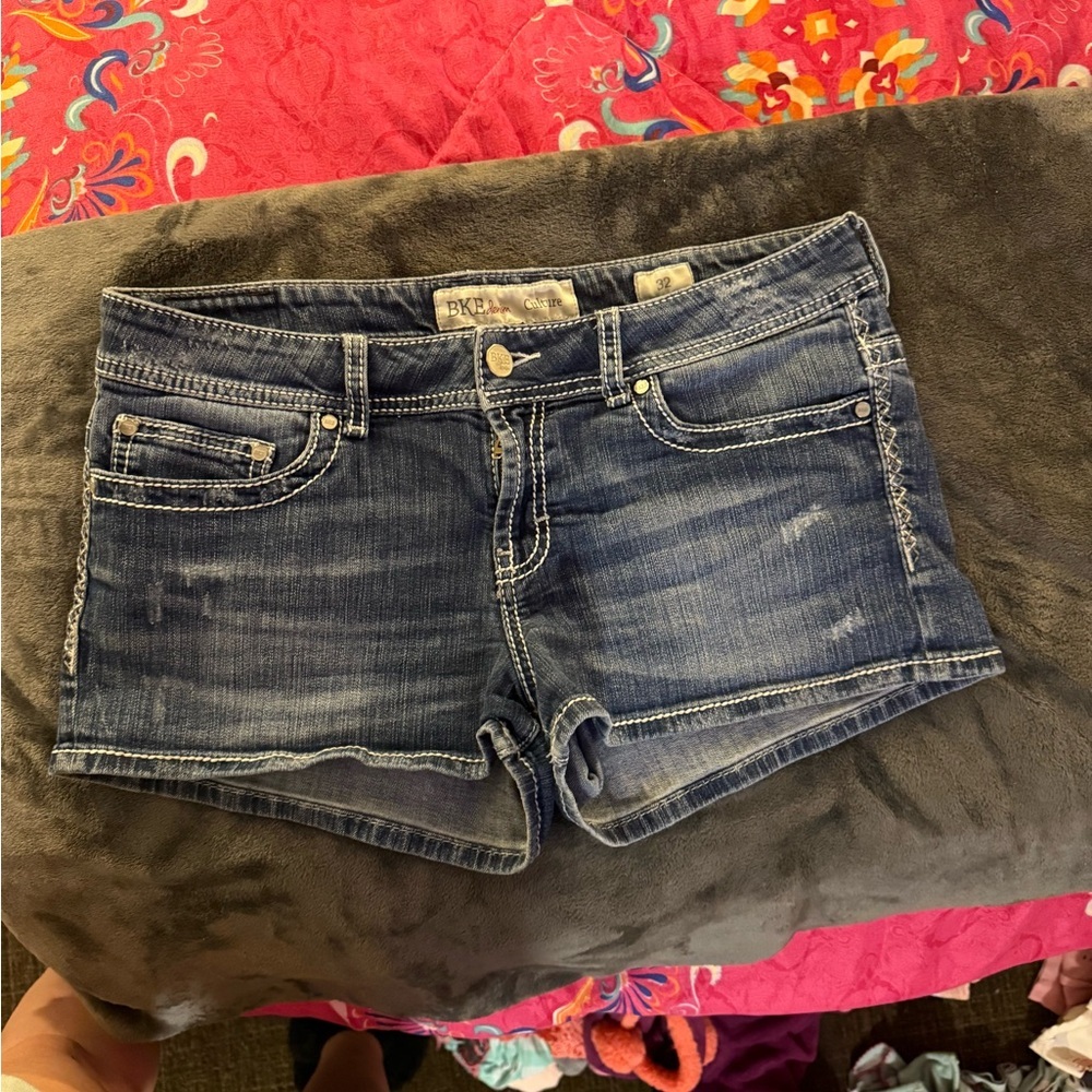 BKE Blue Jean Shorts with Distressed Mid-Thigh Cut